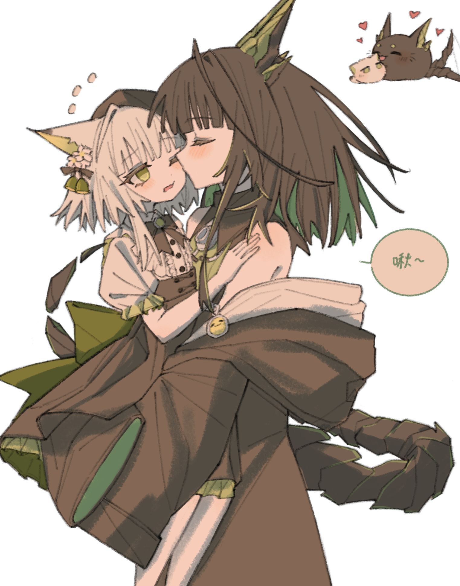 kuafunvkai, kal'tsit (arknights), mon3tr (arknights), arknights, chinese commentary, commentary request, highres, translation request, 2girls, aged down, animal ear fluff, animal ears, animalization, black hair, black jacket, black skirt, carrying, carrying person, cat, cat ears, chibi, chinese text, closed eyes, cowboy shot, flying sweatdrops, green eyes, green hair, heart, jacket, kiss, kissing cheek, long hair, long sleeves, multicolored hair, multiple girls, off shoulder, person and animalization, profile, puffy short sleeves, puffy sleeves, shirt, short sleeves, simple background, sitting, skirt, sleeves past fingers, sleeves past wrists, speech bubble, standing, tail, white background, white shirt
