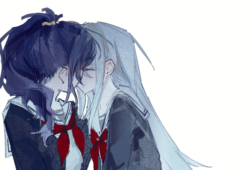 yakumokon, asahina mafuyu, yoisaki kanade, project sekai, 2girls, black shirt, closed eyes, kiss, long hair, multiple girls, neckerchief, ponytail, purple hair, red neckerchief, sailor collar, school uniform, serafuku, shirt, white hair, white sailor collar, yuri