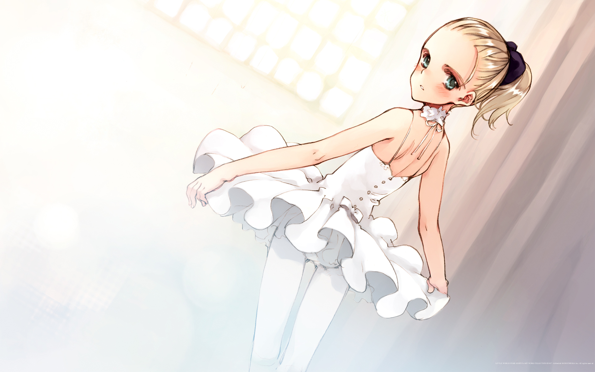 ooyari ashito, giselle stolzenberg, quartett!, highres, 1girl, back, ballerina, ballet, bare shoulders, blonde hair, blush, bow, buttons, camisole, choker, curtains, dutch angle, female focus, flat chest, forehead, from behind, green eyes, hair bow, high ponytail, indoors, loli, looking at viewer, looking back, pantyhose, parted lips, ponytail, ribbon, short hair, short ponytail, solo, tutu, white pantyhose, window