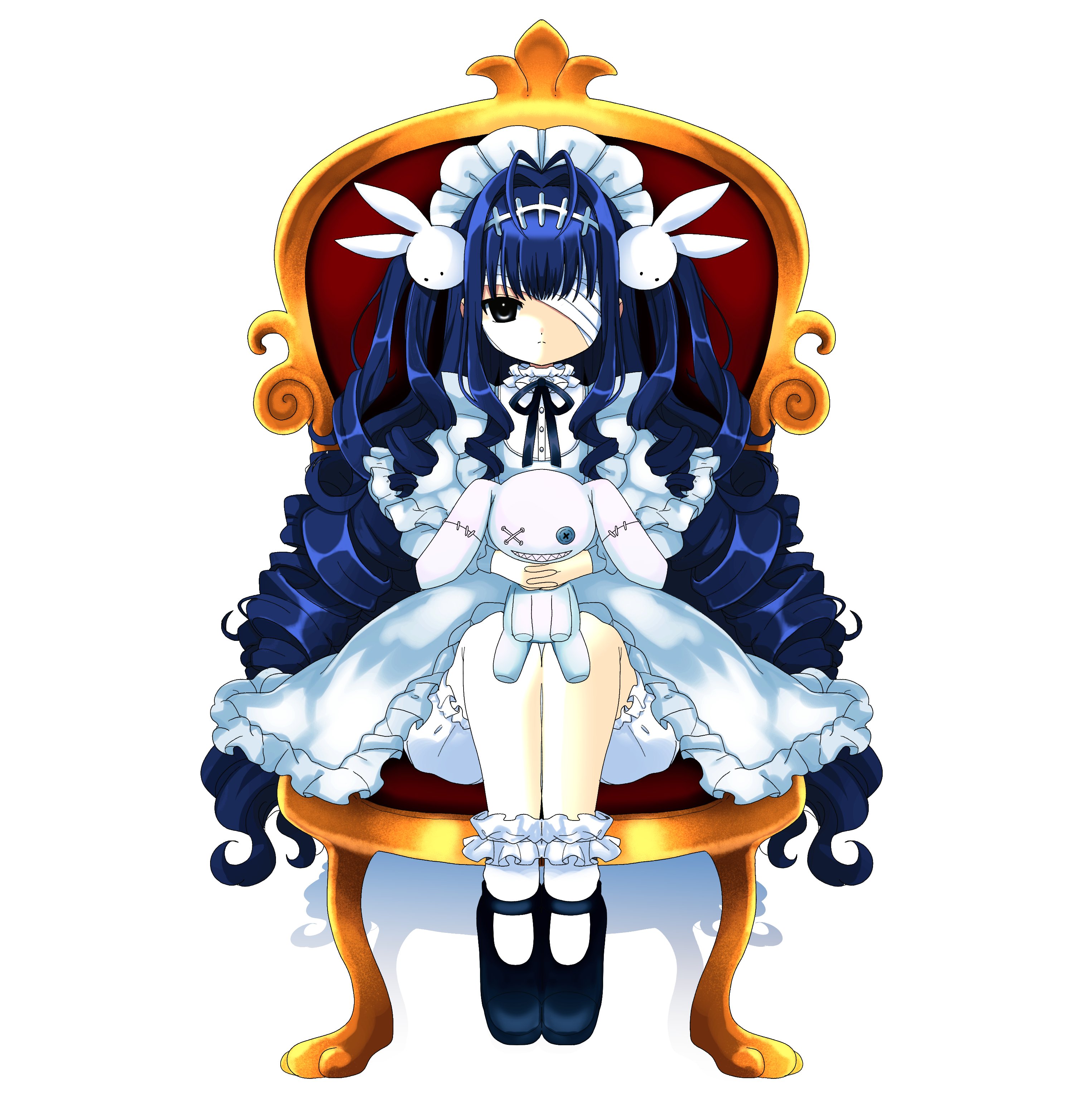 bk (barakoodra), original, absurdres, highres, 1girl, bandage over one eye, blue hair, bow, dress, frilled dress, frills, lolita fashion, long hair, mary janes, shoes, sitting, solo, stuffed animal, stuffed rabbit, stuffed toy, throne