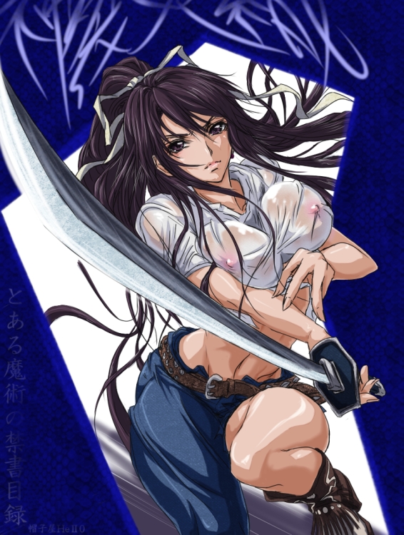 madhatter hello, kanzaki kaori, toaru majutsu no index, bad id, bad pixiv id, 00s, 1girl, asymmetrical clothes, belt, breasts, denim, female focus, foreshortening, jeans, katana, large breasts, long hair, midriff, navel, nipples, no bra, pants, ponytail, ribbon, see-through clothes, shirt, single pantsleg, solo, sword, t-shirt, thighs, weapon