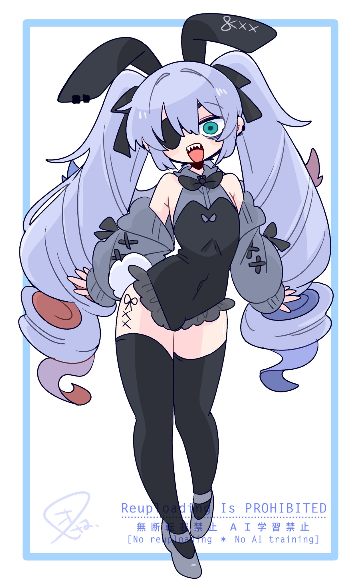op na yarou, original, commentary, highres, 1boy, a-pose, animal ear hairband, animal ears, bags under eyes, bare shoulders, black bow, black bowtie, black hairband, black leotard, black thighhighs, blue eyes, blue hair, bow, bowtie, bulge, cardigan, colored tips, covered navel, crossdressing, crossdressing (mtf), drill hair, earclip, eyepatch, fake animal ears, fake tail, fangs, full body, grey cardigan, grey hair, grey shoes, hair between eyes, hair bow, hair intakes, hairband, highleg, highleg leotard, lace trim, leotard, light blush, long hair, long sleeves, looking at viewer, male focus, male playboy bunny, multicolored hair, no nose, off shoulder, one eye covered, open cardigan, open clothes, open mouth, playboy bunny, quad tails, rabbit ear hairband, rabbit ears, rabbit tail, red hair, rigel (op na yarou), shoes, sidelocks, simple background, sleeves past wrists, solo, standing, tail, teeth, thighhighs, thighs, trap, very long hair, watermark, white background