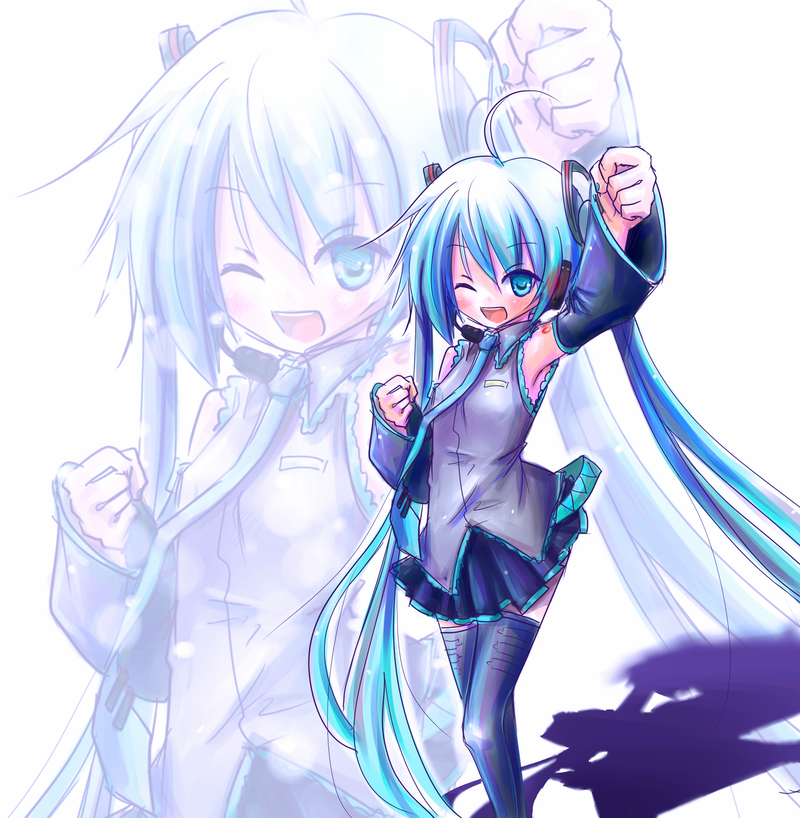 purdoy25, hatsune miku, vocaloid, aqua eyes, aqua hair, blue eyes, blue hair, detached sleeves, green eyes, green hair, headphones, microphone, nail polish, necktie, skirt, thighhighs, twintails, zettai ryouiki