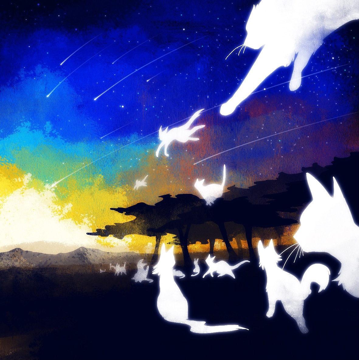 neko gokoro, warrior cats, commentary request, animal, animal focus, cat, no humans, outdoors, painterly, silhouette, sky, surreal, tree, white cat