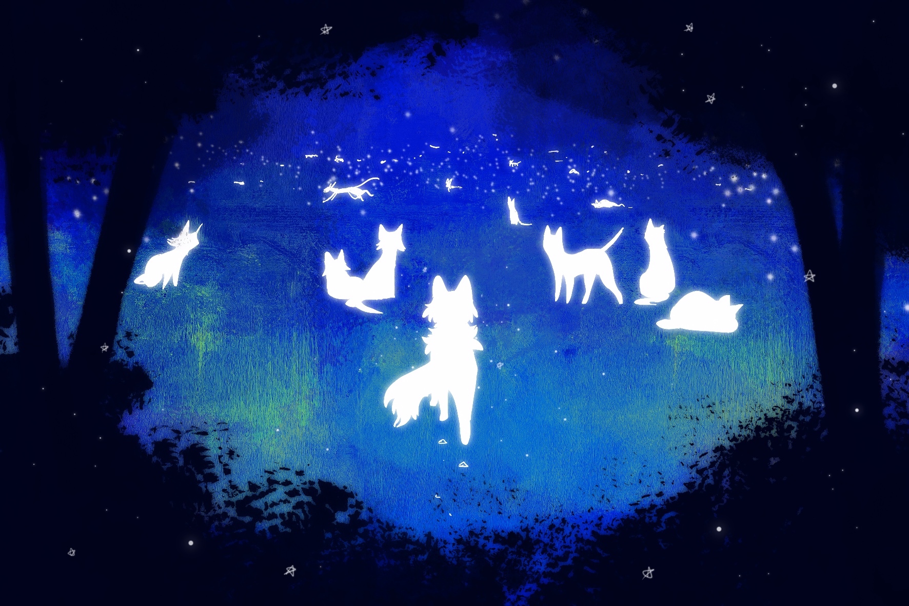 neko gokoro, warrior cats, commentary request, highres, animal, animal focus, blue theme, cat, forest, nature, no humans, outdoors, painterly, silhouette, surreal, tree, white cat