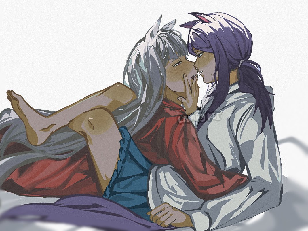 lampy uikoko, gold ship (umamusume), mejiro mcqueen (umamusume), umamusume, commentary request, 2girls, animal ears, barefoot, blue shorts, blush, hand on another's face, horse ears, horse girl, leg lock, long hair, multiple girls, ponytail, purple hair, red shirt, saliva, saliva trail, shirt, shorts, white hair, white shirt, yuri