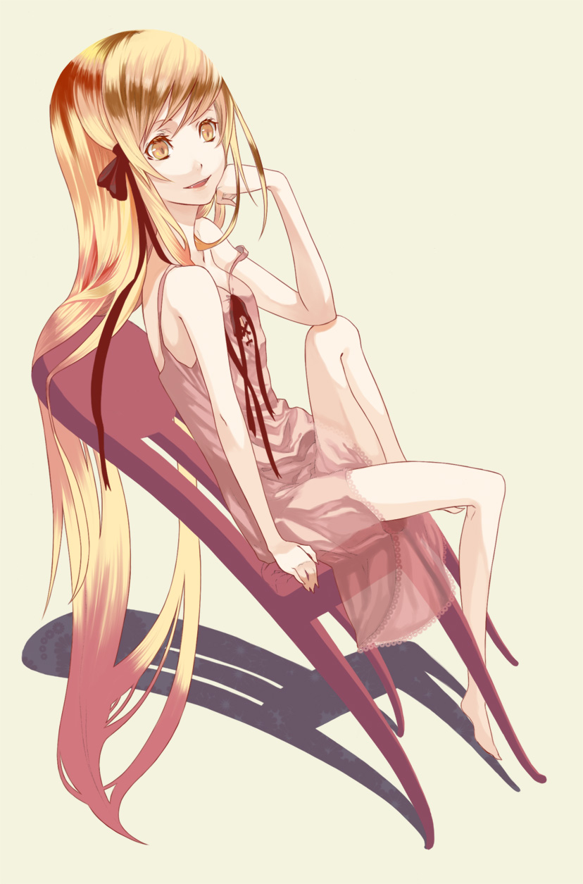 tautiki, kiss-shot acerola-orion heart-under-blade, oshino shinobu, bakemonogatari, monogatari (series), highres, 00s, 1girl, barefoot, blonde hair, chair, female focus, full body, head rest, lingerie, long hair, negligee, simple background, sitting, solo, strap slip, underwear, very long hair