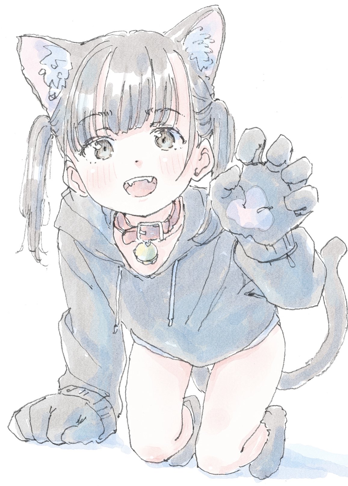 poranka (porankaran), original, highres, 1girl, :d, animal ear fluff, animal ears, animal hands, arm support, bell, blunt bangs, blush, brown eyes, brown hair, cat ears, cat tail, choker, dot nose, fake animal ears, fake tail, fangs, full body, gloves, hood, hoodie, jingle bell, kneeling, looking at viewer, open mouth, paw gloves, sidelocks, simple background, smile, solo, tail, teeth, thighs, two side up, upper teeth only, white background