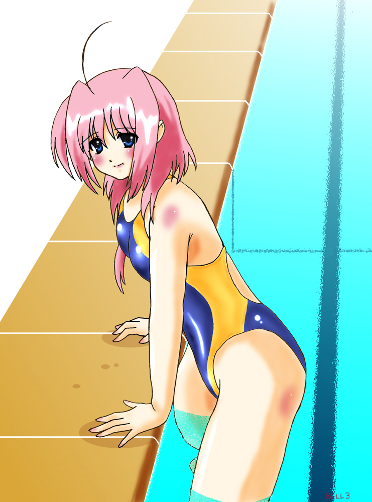 bell3, caro ru lushe, lyrical nanoha, mahou shoujo lyrical nanoha, mahou shoujo lyrical nanoha strikers, 00s, blue eyes, competition swimsuit, one-piece swimsuit, pink hair, pool, poolside, short hair, solo, swimsuit