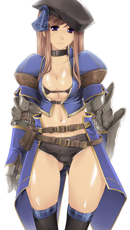 thomasz, capcom, monster hunter (series), monster hunter frontier, plaid, 1girl, armor, azure (armor), belt, belt bra, belt pouch, beret, black bra, black thighhighs, blue eyes, bow, bra, breasts, brown hair, chainmail, cleavage, collar, collarbone, crop top, denim, denim shorts, female focus, gauntlets, gloves, hat, lingerie, long hair, looking at viewer, midriff, navel, open clothes, open shirt, pouch, shiny skin, shirt, short shorts, shorts, sidelocks, simple background, skirt, smile, solo, standing, strap, swept bangs, thighhighs, thighs, underboob, underwear, white background