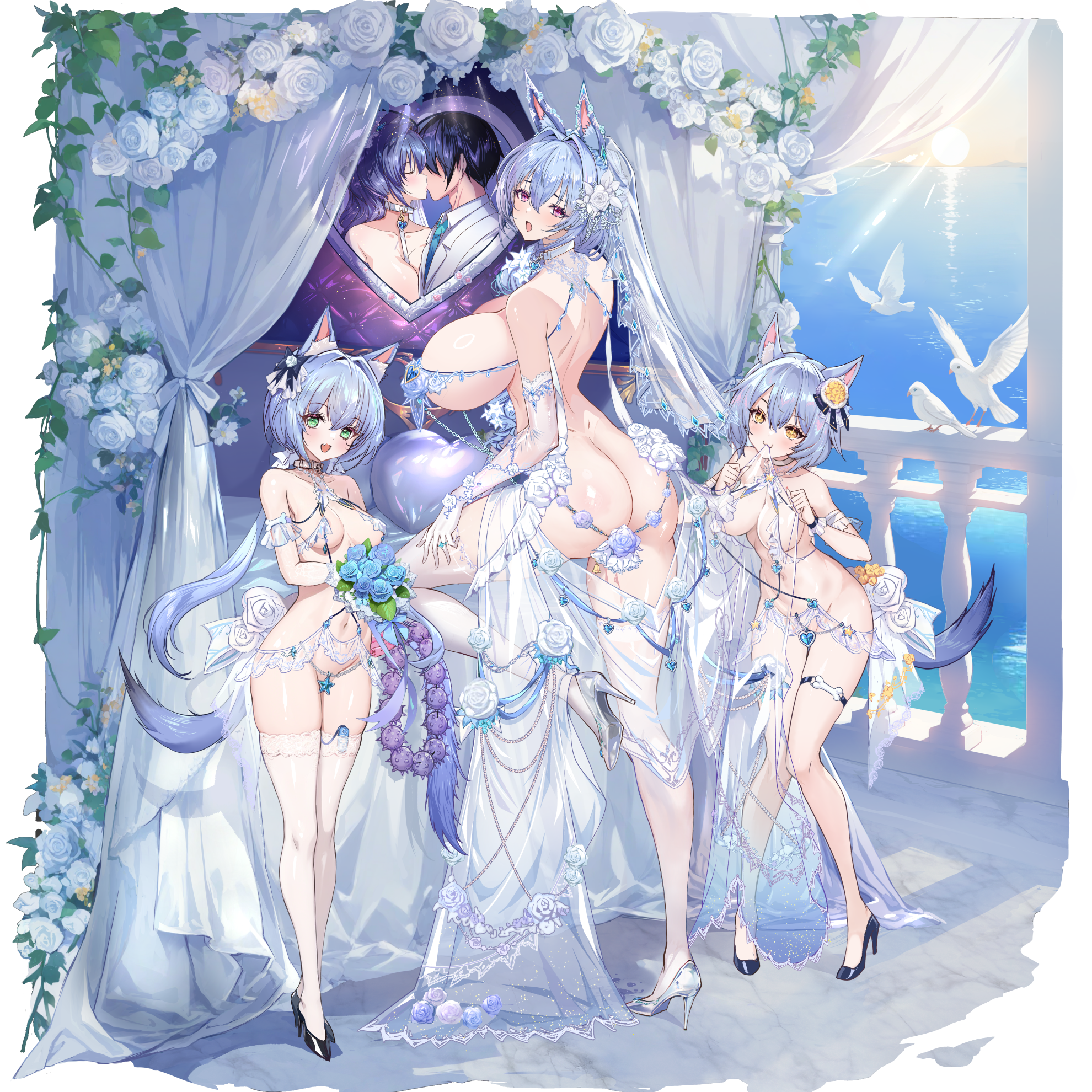 q azieru, star lusts, highres, + +, 3girls, :3, anal beads, animal ears, ass, bed, bird, breasts, bridal lingerie, convenient censoring, dog ears, dog girl, dog tail, dress, elbow gloves, gloves, green eyes, heart cushion, high heels, huge breasts, lingerie, medium breasts, multiple girls, navel, open mouth, photo (object), red eyes, remote control vibrator, revealing clothes, see-through clothes, see-through dress, sex toy, tail, thigh strap, thighhighs, underwear, vibrator, vibrator in thighhighs, wedding dress, white gloves, white thighhighs, yellow eyes