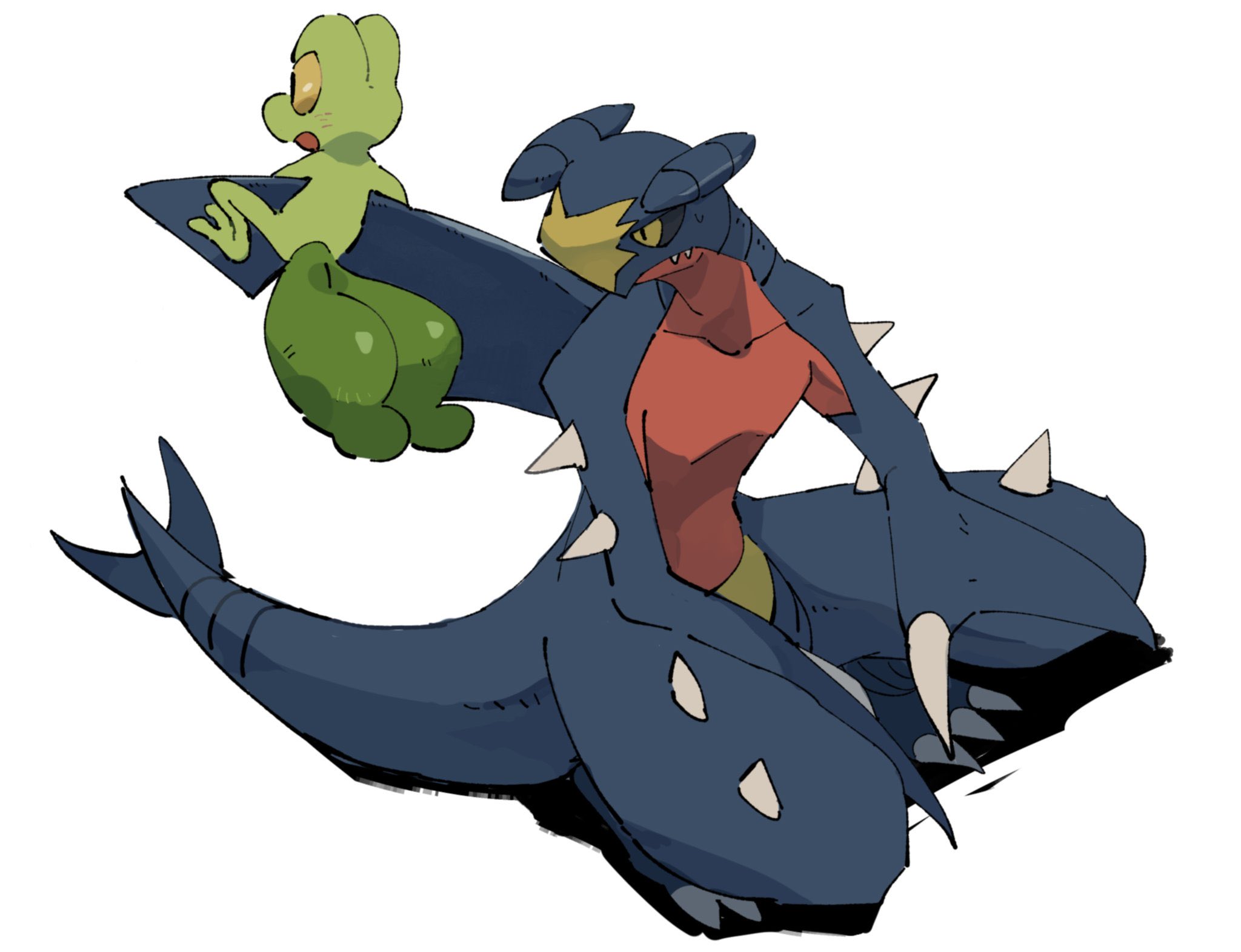 mashita. (mentaiko omoti), garchomp, treecko, nintendo, pokemon, highres, black sclera, claws, colored sclera, dragon, fins, gen 3 pokemon, gen 4 pokemon, no humans, pokemon (creature), pokemon focus, simple background, spikes, white background, yellow eyes, yellow sclera