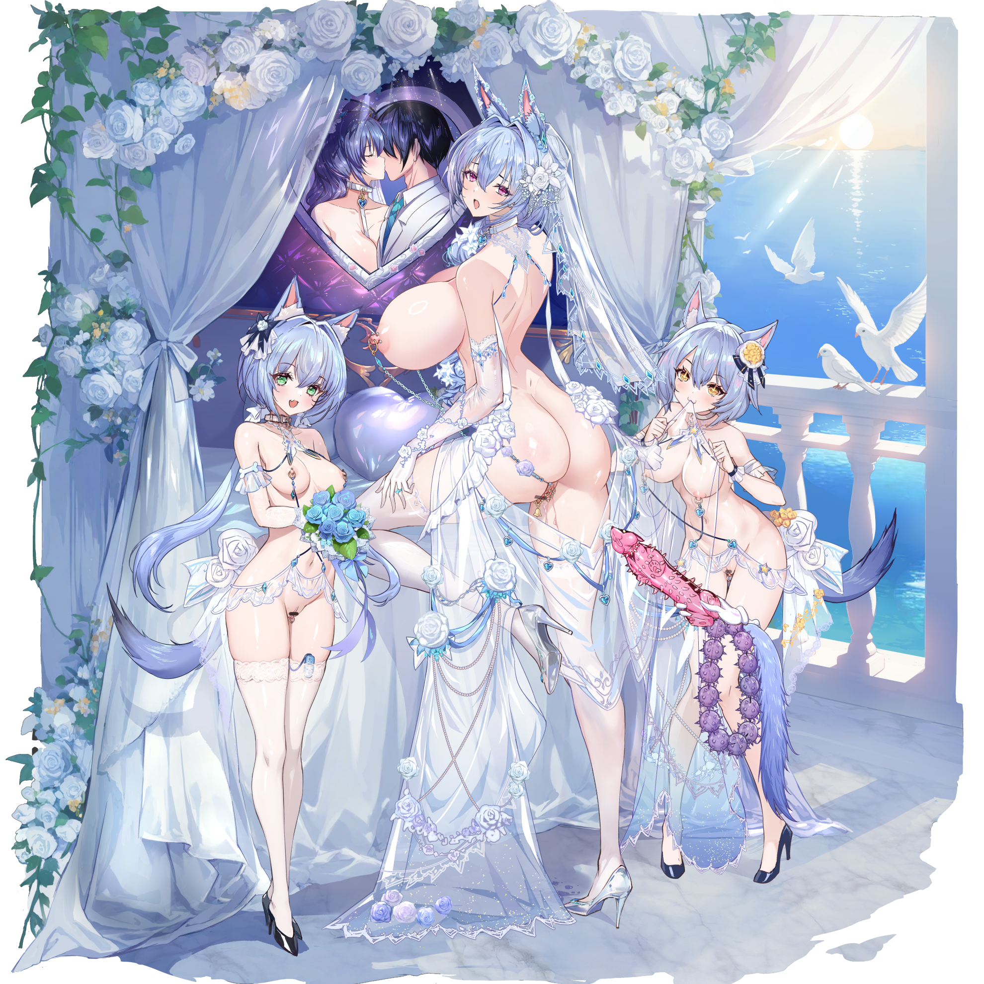 q azieru, star lusts, highres, + +, 3girls, :3, anal beads, anal tail, animal ears, ass, bar censor, bed, bird, breasts, bridal lingerie, butt plug, censored, dildo, dog ears, dog girl, dog tail, dress, elbow gloves, fake tail, gloves, green eyes, heart cushion, high heels, huge breasts, lingerie, medium breasts, multiple girls, navel, nipple chain, nipple piercing, nipple rings, nipples, open mouth, photo (object), piercing, pussy, red eyes, remote control vibrator, revealing clothes, see-through clothes, see-through dress, sex toy, tail, thigh strap, thighhighs, underwear, vibrator, vibrator in thighhighs, wedding dress, white gloves, white thighhighs, yellow eyes