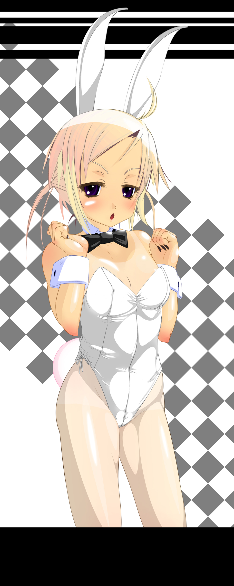 dclc, original, absurdres, highres, 1girl, :o, ahoge, animal ears, arms up, black nails, blonde hair, blue eyes, bow, bowtie, breasts, cameltoe, checkered background, cleavage, covered erect nipples, fake animal ears, female focus, half-closed eyes, letterboxed, looking at viewer, nail polish, one-piece tan, pantyhose, playboy bunny, rabbit ears, rabbit tail, shiny skin, short hair, small breasts, solo, standing, tail, tan, tanline, twintails, white pantyhose, white theme, wrist cuffs