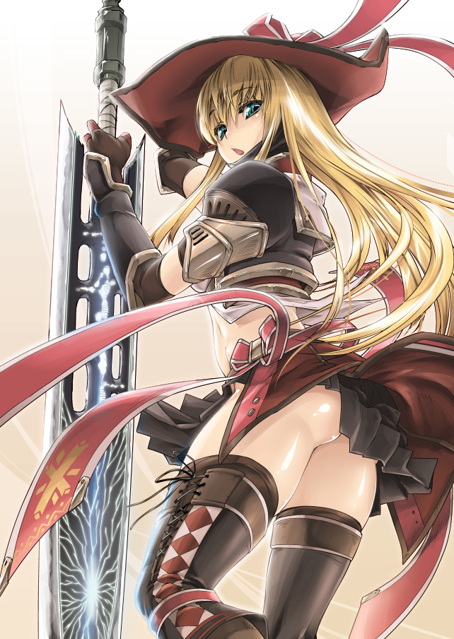 rian, thomasz, capcom, monster hunter (series), monster hunter frontier, 1girl, :o, alternate color, aqua eyes, arm up, armor, ass, back, belt, black thighhighs, blonde hair, bow, checkered clothes, checkered legwear, crop top, elbow gloves, female focus, from behind, gloves, gradient background, hat, huge weapon, lien (armor), long hair, looking at viewer, looking back, midriff, no panties, open mouth, panties, pleated skirt, ribbon, shiny skin, skirt, solo, standing, surprised, sword, thighhighs, thighs, underwear, upskirt, very long hair, weapon, wind, zettai ryouiki