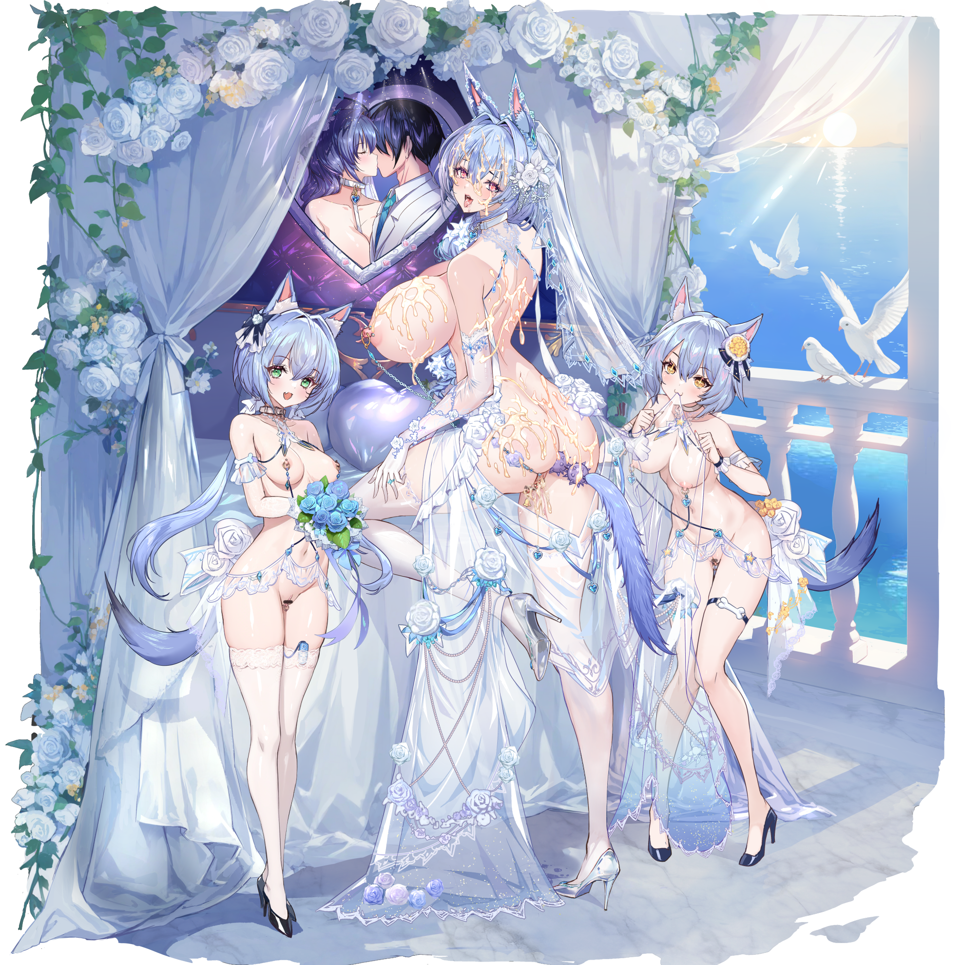 q azieru, star lusts, highres, + +, 3girls, :3, anal, anal beads, anal object insertion, anal tail, animal ears, ass, bar censor, bed, bird, breasts, bridal lingerie, bukkake, butt plug, censored, cum, cum on ass, cum on body, cum on breasts, cum on hair, cum on upper body, dog ears, dog girl, dog tail, dress, elbow gloves, facial, fake tail, gloves, green eyes, heart cushion, high heels, huge breasts, lingerie, medium breasts, multiple girls, navel, nipple chain, nipple piercing, nipple rings, nipples, object insertion, open mouth, photo (object), piercing, pussy, red eyes, remote control vibrator, revealing clothes, see-through clothes, see-through dress, sex toy, tail, thigh strap, thighhighs, tongue, tongue out, underwear, vibrator, vibrator in thighhighs, wedding dress, white gloves, white thighhighs, yellow eyes