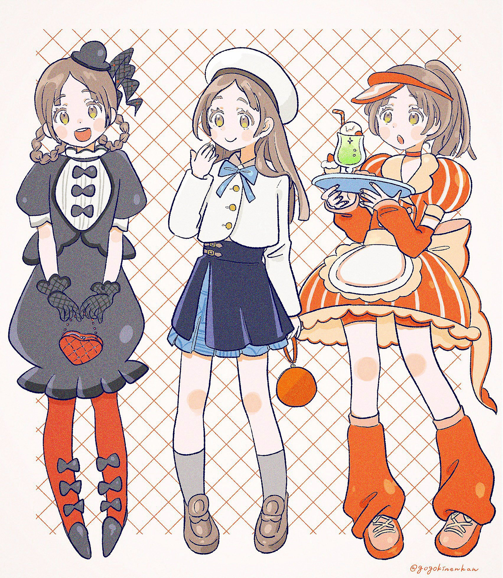 kuramoto china, gakuen idolmaster, idolmaster, highres, 1girl, bag, beret, bike shorts, black dress, blush, braid, brown eyes, brown hair, dress, food, frilled dress, frills, gloves, gogokinenkan, handbag, hat, holding, holding tray, ice cream, ice cream float, leg warmers, open mouth, orange dress, ponytail, ribbon, school uniform, simple background, skirt, smile, teeth, tray, twin braids, upper teeth only, visor cap, waitress, white gloves