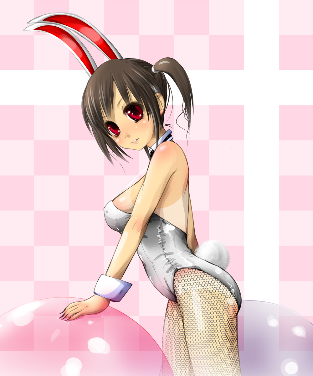 dclc, original, highres, 1girl, animal ears, ball, brown hair, checkered background, detached collar, fake animal ears, female focus, fishnet pantyhose, fishnets, from side, looking at viewer, one-piece tan, pantyhose, pink background, playboy bunny, rabbit ears, rabbit tail, red eyes, short hair, smile, solo, tail, tan, tanline, twintails, wrist cuffs