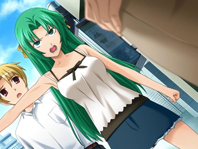 rato, houjou satoshi, sonozaki shion, higurashi no naku koro ni, meakashi-hen, game cg, 00s, 1boy, 1girl, armpits, bare shoulders, confrontation, dutch angle, green hair