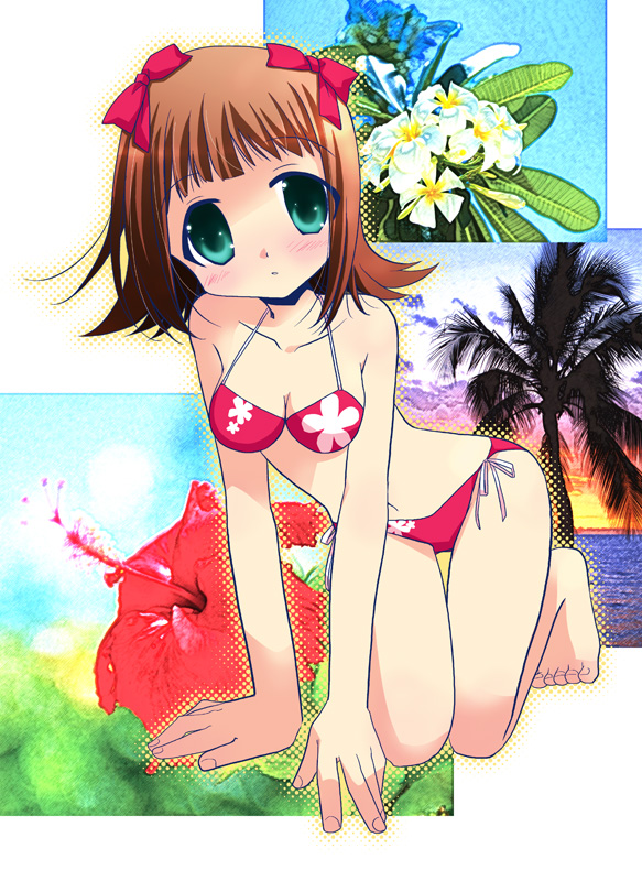amami haruka, idolmaster, idolmaster (classic), idolmaster 1, 00s, 1girl, all fours, bikini, brown hair, female focus, flower, green eyes, hibiscus, palm tree, photo background, red bikini, short hair, solo, string bikini, swimsuit, tree