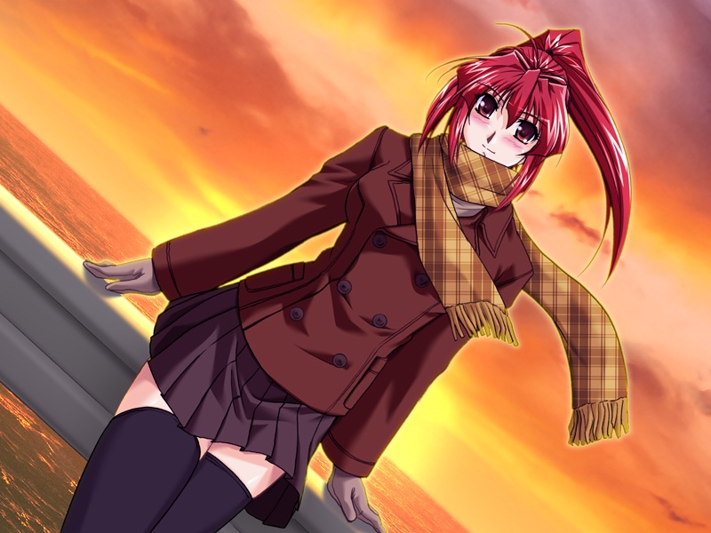 mutou keiji, misaki (breed-island), breed-island, game cg, non-web source, 1girl, dutch angle, female focus, long hair, plaid clothes, plaid scarf, ponytail, red eyes, red hair, scarf, sky, solo, sunset, thighhighs