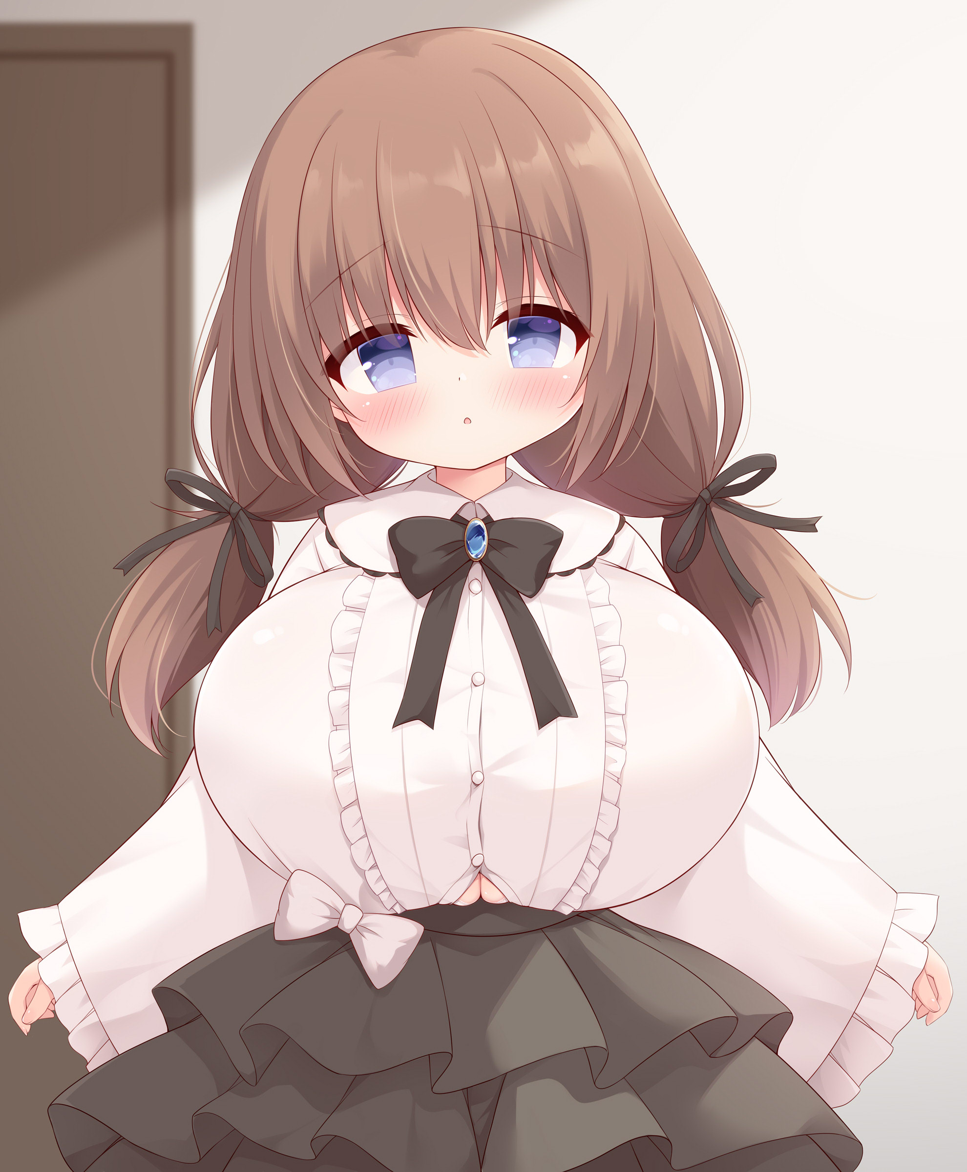 yuu (yumezakura), original, absurdres, commentary request, highres, 1girl, :o, black bow, black skirt, blue gemstone, blurry, blurry background, blush, bow, breasts, brown hair, button gap, cleavage, cowboy shot, frilled skirt, frills, gem, hair between eyes, hair ribbon, huge breasts, indoors, looking at viewer, low twintails, open mouth, oppai loli, purple eyes, ribbon, shirt, skirt, solo, standing, twintails, white bow, white shirt, wide sleeves