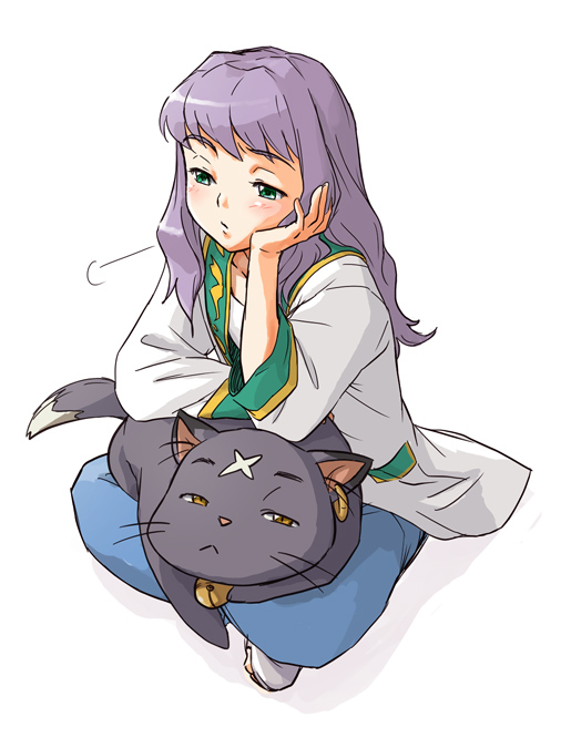 minato fumi, mashiro blan de windbloom, my-otome, 00s, blush, bored, cat, crossed legs, green eyes, head rest, indian style, long hair, purple hair, sitting, solo