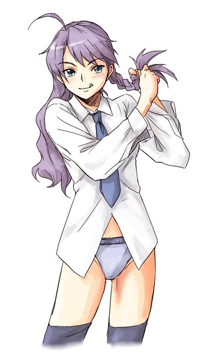 minato fumi, my-otome, 00s, adjusting hair, asymmetrical hair, blush, bottomless, green eyes, necktie, no pants, panties, purple hair, solo, thighhighs, tongue, underwear