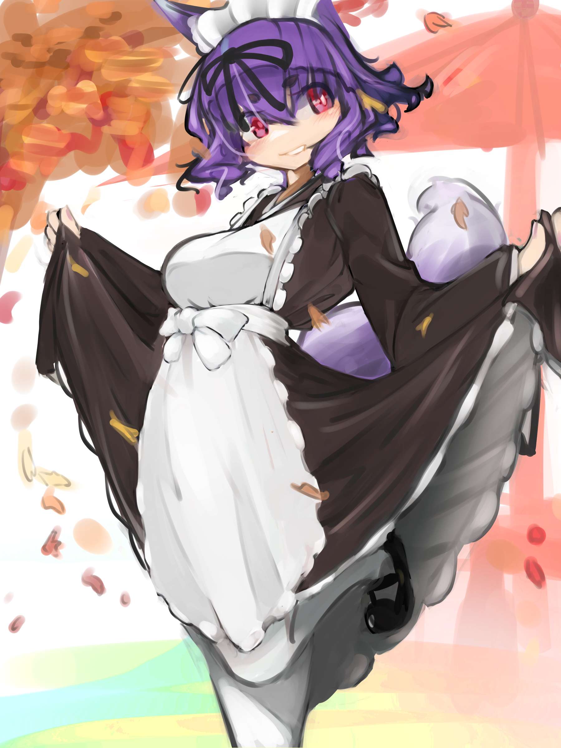 taii (tng1014), original, 1girl, animal ears, apron, autumn, autumn leaves, black dress, black shoes, blush, breasts, clothes lift, dress, dress lift, fox ears, fox girl, fox tail, grin, leaf, long sleeves, looking back, maid, maid apron, maid headdress, mary janes, medium breasts, purple hair, red eyes, shoes, short hair, smile, standing, standing on one leg, tail, teeth, thighhighs, tree, white apron, white thighhighs