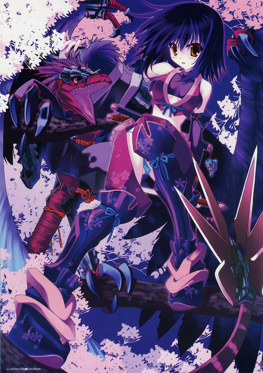 nanao naru, highres, 1girl, armor, blue hair, in tree, katana, sword, tree, weapon, yellow eyes