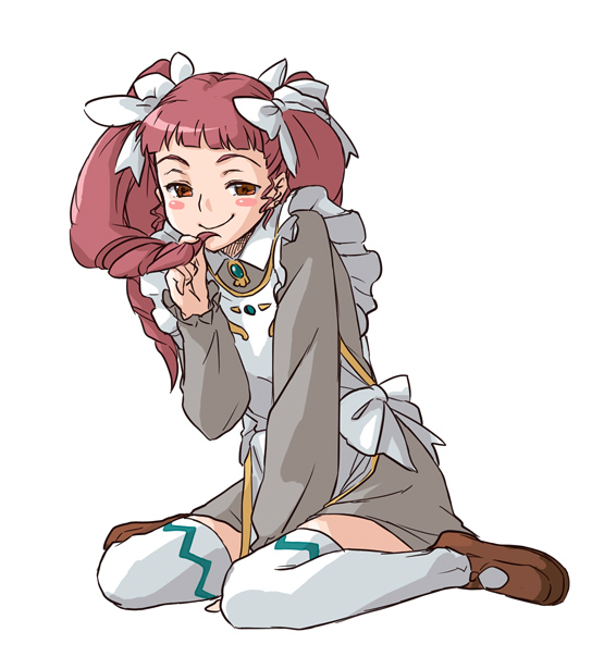 minato fumi, shiho huit, my-otome, 00s, 1girl, blush, brown eyes, drill hair, female focus, full body, garderobe uniform, naughty face, orange eyes, pink hair, red hair, simple background, sitting, smile, solo, teasing, thighhighs, twintails, wariza, white background, zettai ryouiki