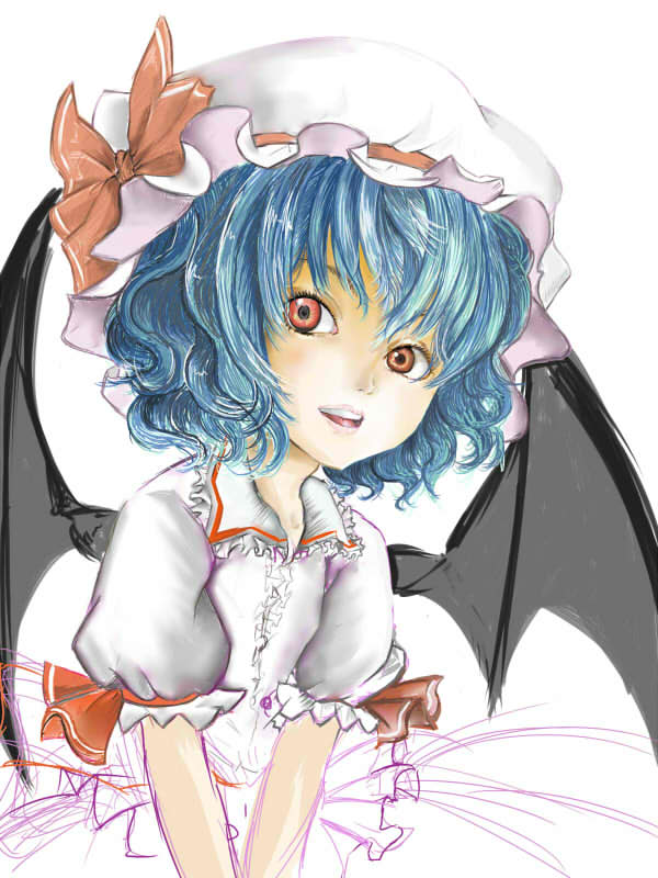 wakie, remilia scarlet, touhou, 1girl, bat wings, blue hair, female focus, hat, realistic, red eyes, ribbon, short hair, sketch, solo, white background, wings