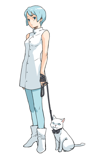 minato fumi, blue hair, boots, cat, high heels, leash, shoes, short hair, sleeveless, solo