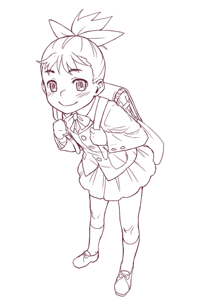 minato fumi, 1girl, backpack, bag, blush, female focus, monochrome, purple theme, randoseru, school uniform, skirt, smile, solo