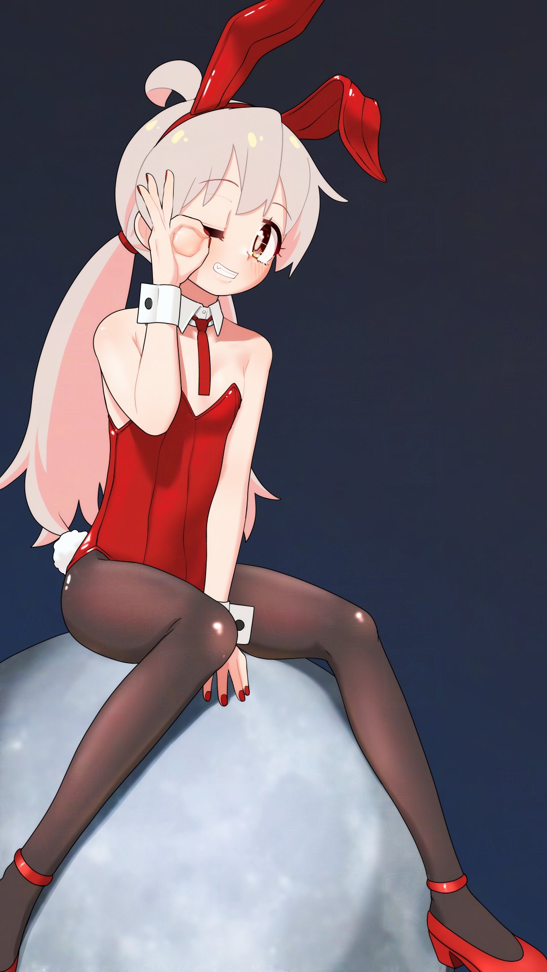 happyundergate, oyama mahiro, onii-chan wa oshimai!, commentary request, highres, 1girl, ;), ahoge, alternate costume, bare arms, bare shoulders, black pantyhose, breasts, brown eyes, detached collar, grey hair, grin, hairband, high heels, leotard, looking at viewer, low twintails, multicolored hair, nail polish, necktie, one eye closed, pantyhose, pink hair, playboy bunny, red hairband, red leotard, red nails, red necktie, red shoes, shoes, simple background, sitting, small breasts, smile, solo, strapless, strapless leotard, twintails, two-tone hair, wrist cuffs