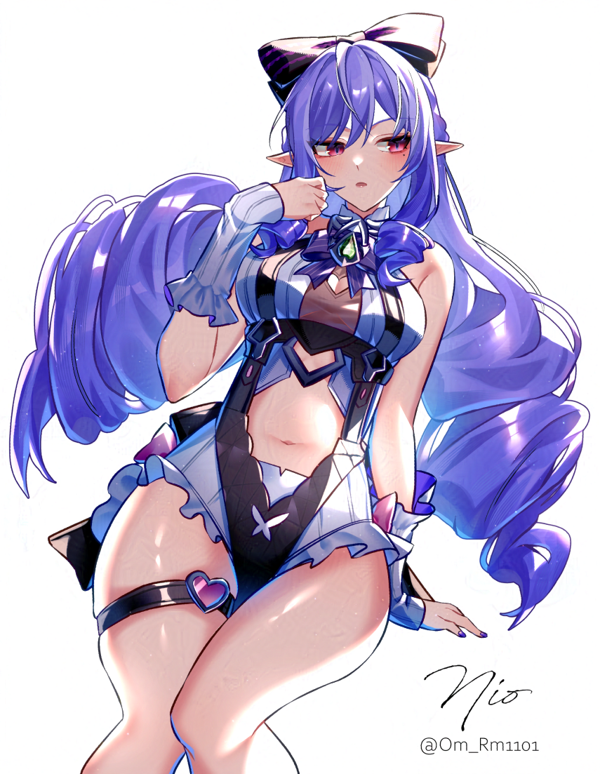 om rm1101, vivian banshee, vivian banshee (iris of the shore), zenless zone zero, 1girl, backless swimsuit, black bow, blush, bow, bowtie, clothing cutout, dress swimsuit, drill hair, frilled one-piece swimsuit, frilled wrist cuffs, frills, gem, hair bow, heart cutout, long hair, looking to the side, mole, mole under eye, navel, official alternate costume, one-piece swimsuit, open mouth, pink one-piece swimsuit, pointy ears, purple bow, purple bowtie, purple eyes, purple gemstone, purple hair, purple nails, sitting, solo, stomach, stomach cutout, swimsuit, thigh strap, twitter username, white background, wrist cuffs