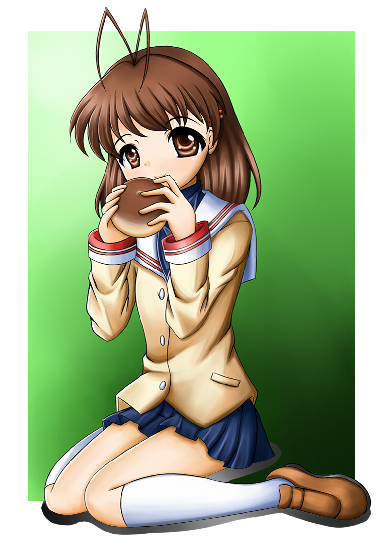 fujieda hiro, furukawa nagisa, clannad, 00s, antenna hair, bread, brown eyes, brown hair, food, school uniform, solo
