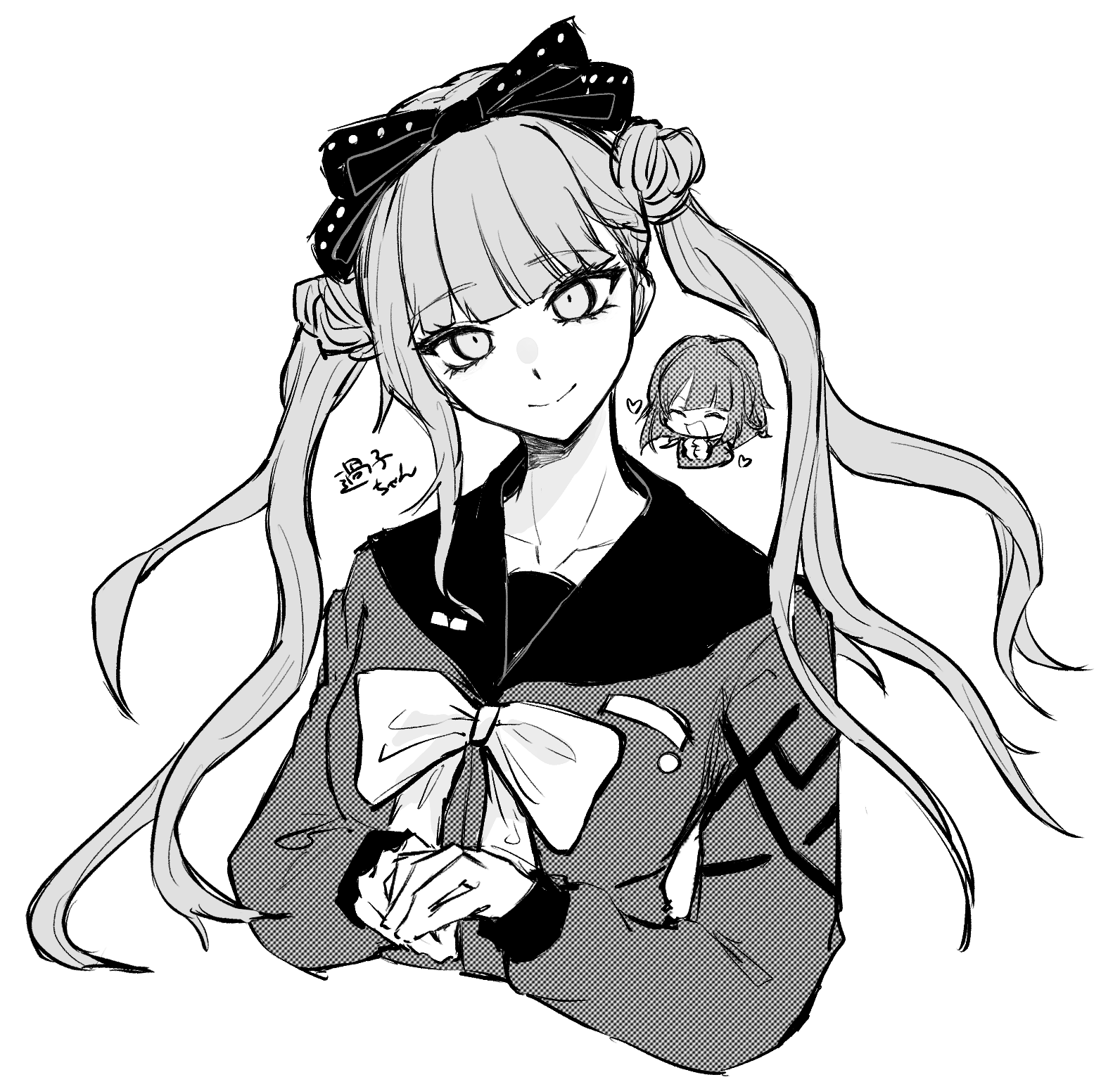 sparrowhabird, tsukumo ima, tsukumo kako, the hundred line -last defense academy-, highres, 1boy, 1girl, bow, chibi, chibi inset, collarbone, cropped torso, double bun, greyscale, hair bun, hairband, head tilt, long hair, loving aura, monochrome, own hands together, sailor collar, school uniform, serafuku, signature, simple background, twintails
