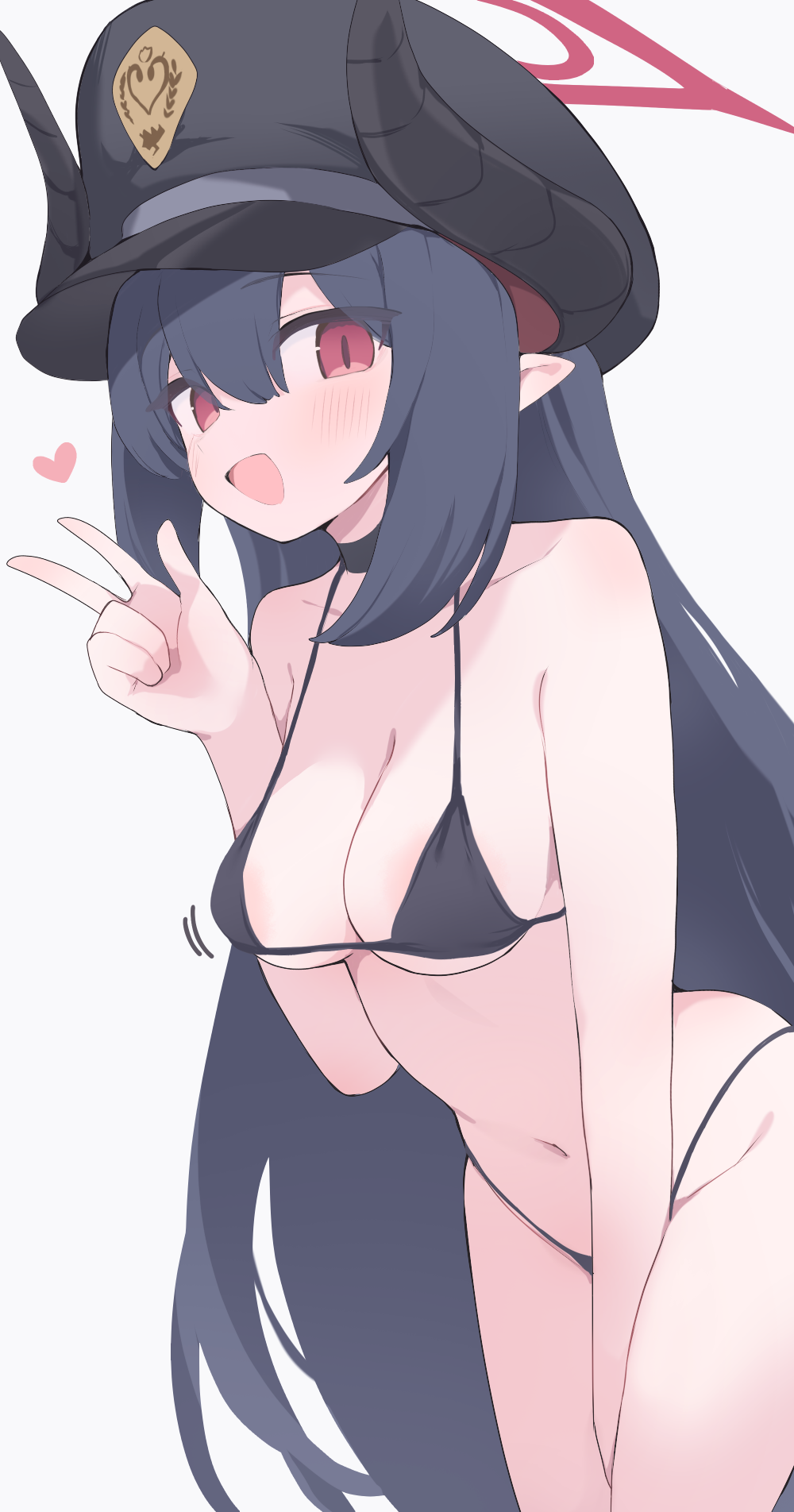 hone kawa, chiaki (blue archive), blue archive, commentary, highres, 1girl, bikini, black bikini, black hair, breasts, cleavage, halo, hat, heart, horns, long hair, medium breasts, red eyes, red halo, simple background, solo, swimsuit