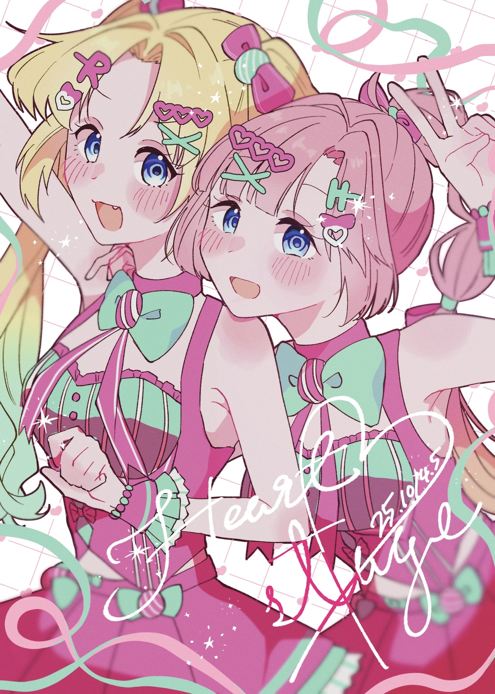 riarii (h3c ms zzz3), anyoji hime, osawa rurino, link! like! love live!, love live!, commentary request, highres, 2girls, 5th live tour ~4pair power spread!!!!~, :d, aqua bow, aqua shirt, arm up, armpit crease, bare shoulders, blonde hair, blue eyes, blue hair, blush, bow, curtained hair, dated, fang, gradient hair, grid background, hair bow, hair ornament, heart, heart hair ornament, letter hair ornament, looking at viewer, miniskirt, mira-cra park!, multi-tied hair, multicolored hair, multiple girls, official alternate costume, open mouth, parted bangs, pink bow, pink shirt, pink skirt, pleated skirt, ponytail, shirt, side part, sidelocks, skirt, sleeveless, sleeveless shirt, smile, twintails, two-tone shirt, v, virtual youtuber, wawo! (love live!), white background, x hair ornament