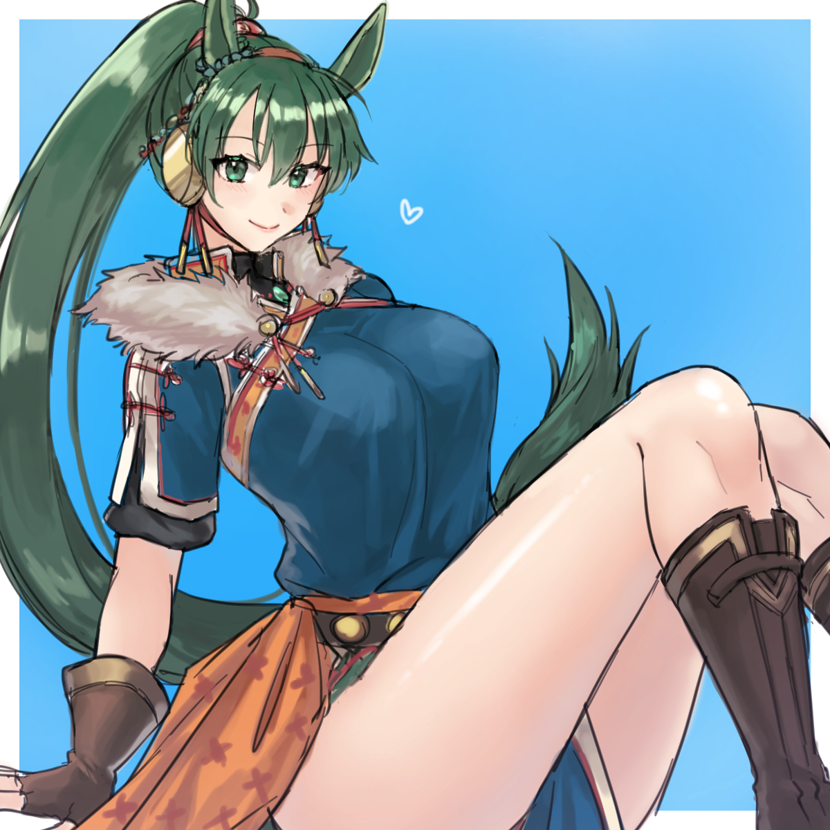 hazuki (nyorosuke), lyn (fire emblem), lyn (plains wind) (fire emblem), fire emblem, fire emblem: the blazing blade, fire emblem shadows, nintendo, highres, 1girl, animal ears, bare legs, blue dress, blush, boots, breasts, brown boots, closed mouth, dress, fur trim, gloves, green eyes, green hair, hairband, heart, high ponytail, horse ears, horse girl, large breasts, long hair, looking at viewer, ponytail, red hairband, short sleeves, simple background, smile, solo, thick thighs, thighs, very long hair