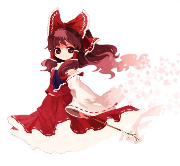chaba (hortensia), hakurei reimu, phantasmagoria of flower view, touhou, 1girl, bare shoulders, black eyes, black hair, blush, bow, detached sleeves, dress, female focus, hair bow, petals, red bow, red dress, ribbon-trimmed sleeves, ribbon trim, simple background, solo, white background