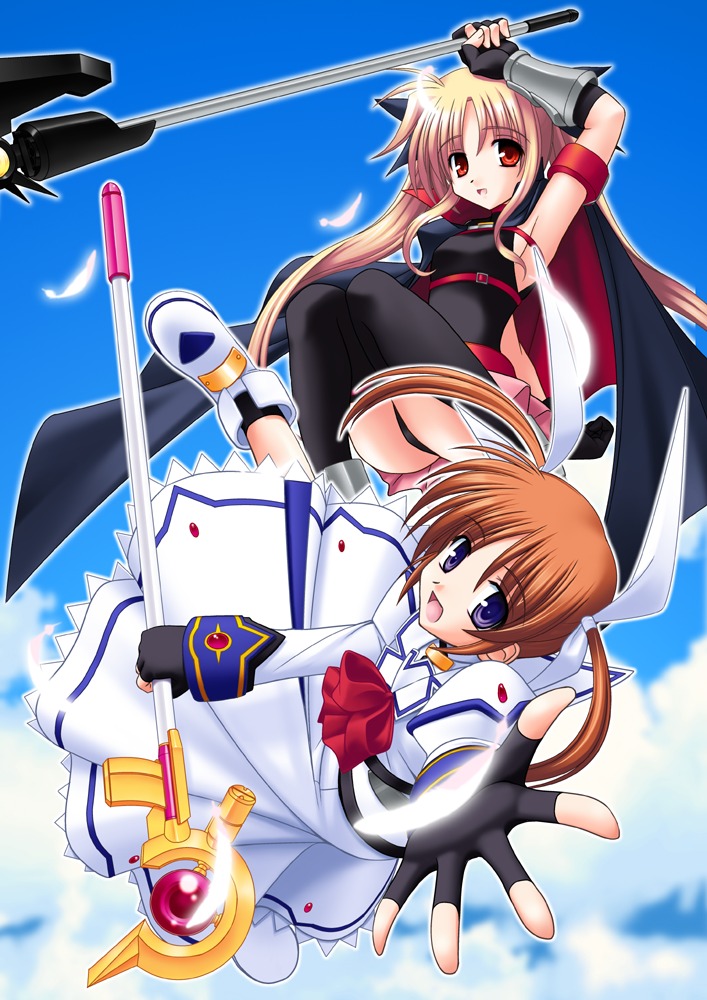 kitamiya genbu, bardiche (assault form) (nanoha), bardiche (nanoha), fate testarossa, fate testarossa (lightning form), raising heart, raising heart (accel mode), takamachi nanoha, takamachi nanoha (sacred mode), lyrical nanoha, mahou shoujo lyrical nanoha, 00s, blonde hair, brown hair, cape, feathers, gloves, long hair, purple eyes, staff, thighhighs, twintails