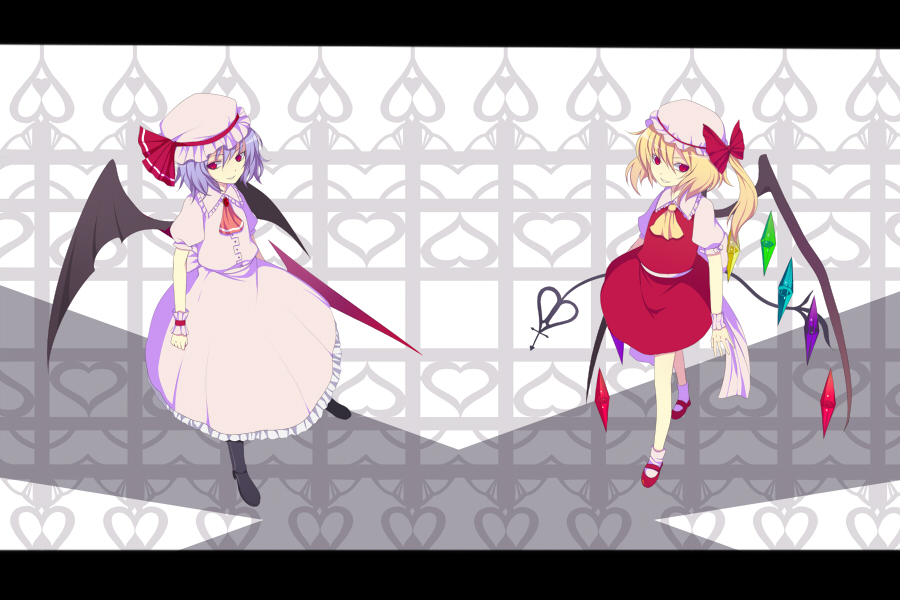 harano, flandre scarlet, remilia scarlet, touhou, 2girls, blonde hair, blue hair, female focus, hat, mob cap, multiple girls, red eyes, siblings, sisters, wings