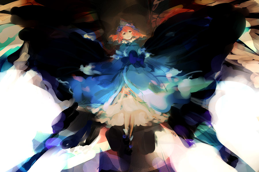 iwamoto zerogo, saigyouji yuyuko, touhou, 1girl, abstract, animal, bug, butterfly, female focus, flying, from below, hat, japanese clothes, kimono, looking at viewer, looking down, mob cap, pink hair, short hair, solo