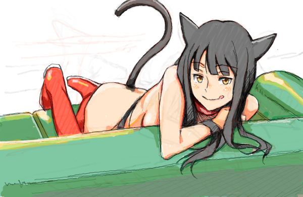 minato fumi, animal ears, black hair, brown eyes, long hair, naughty face, nude, solo, tail, tongue