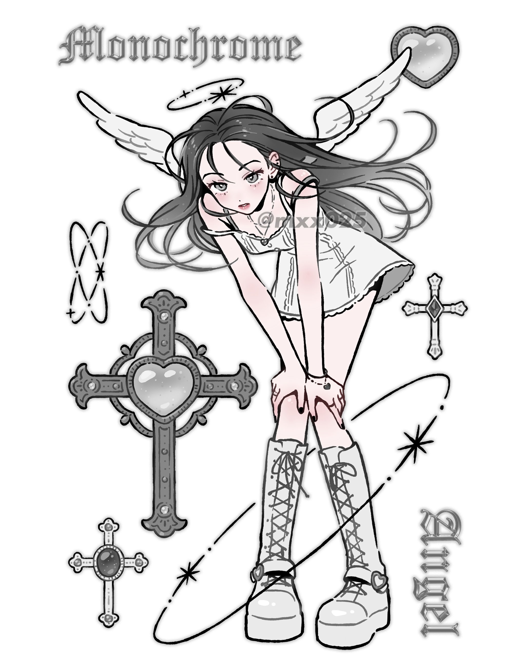 mxx025, original, absurdres, commentary, english commentary, highres, 1girl, angel wings, bent over, black hair, boots, cross, dress, grey eyes, halo, hands on own knees, heart, heart necklace, jewelry, long hair, looking at viewer, necklace, solo, watermark, white background, white boots, white dress, white theme, wings