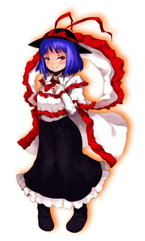 laboto, nagae iku, touhou, 1girl, black skirt, blue hair, blush, bow, breast suppress, brown eyes, dress, female focus, full body, hat, hat bow, hat ribbon, long skirt, looking at viewer, pigeon-toed, ribbon, short hair, simple background, skirt, smile, solo, standing, white background