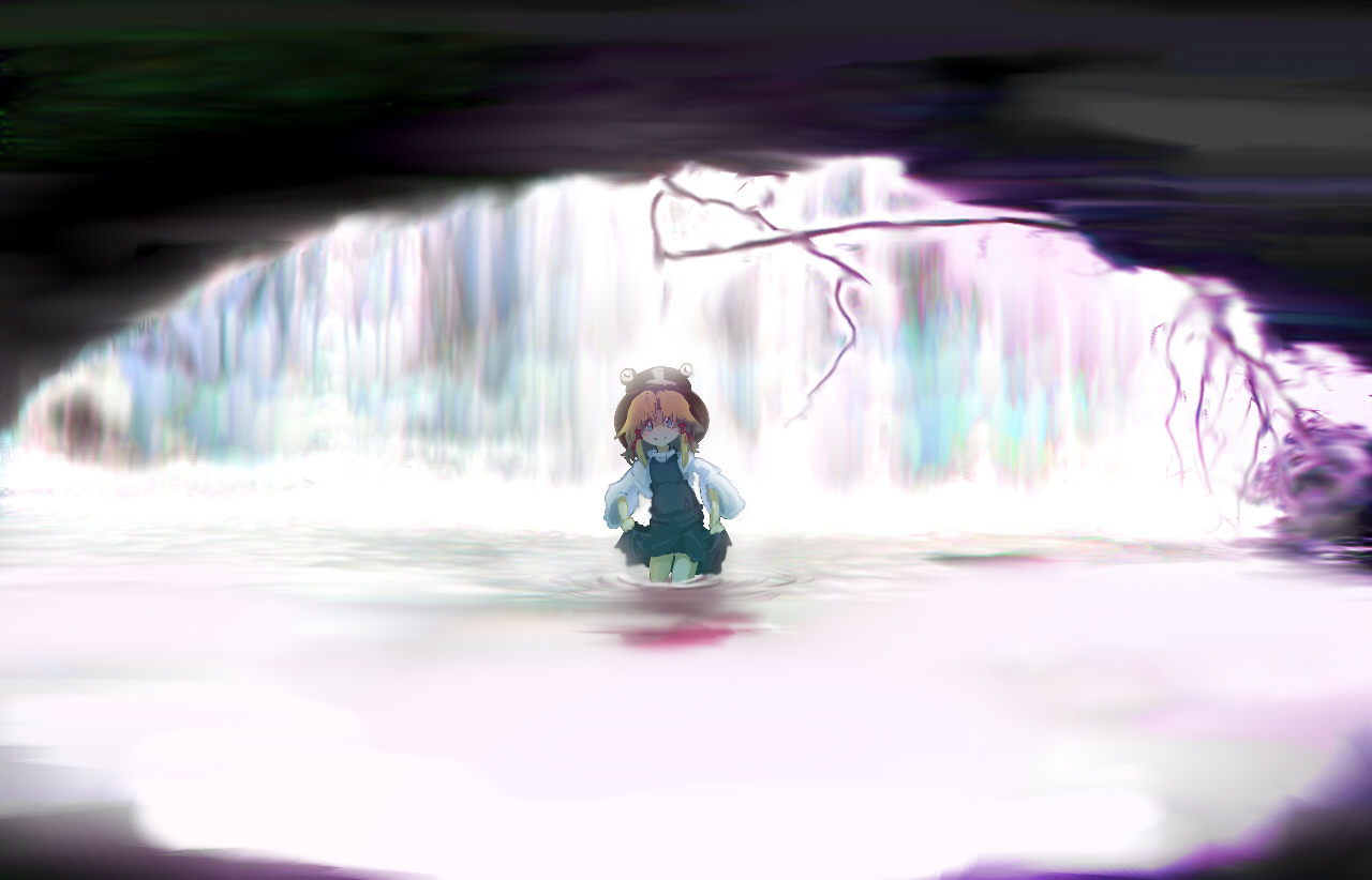 yoshioka yoshiko, moriya suwako, touhou, 1girl, female focus, hat, solo, wading, water, waterfall