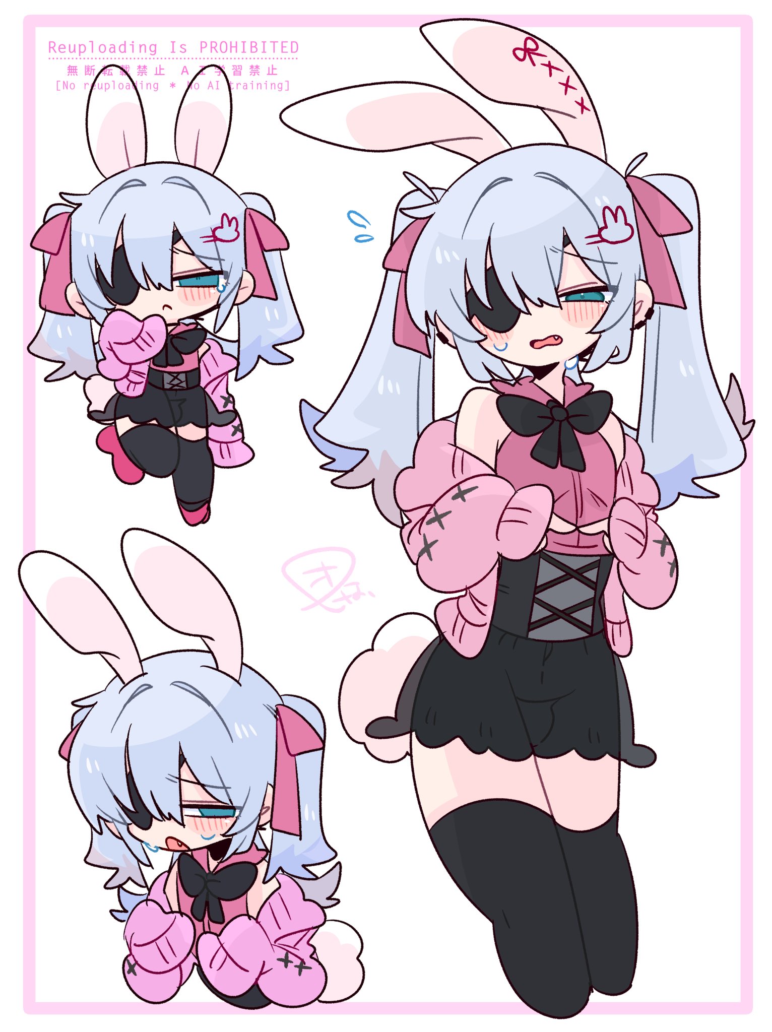 op na yarou, original, commentary, highres, 1boy, animal ears, bare shoulders, black bow, black bowtie, black corset, black skirt, black thighhighs, blue eyes, blue hair, blush, bow, bowtie, bulge, cardigan, chibi, colored tips, corset, crossdressing, crossdressing (mtf), embarrassed, eyepatch, feet out of frame, flipped hair, flying sweatdrops, frown, full body, gang, hair between eyes, hair bow, hair intakes, hair ornament, hand up, hands up, long hair, long sleeves, looking at viewer, male focus, microskirt, multicolored hair, multiple views, narrowed eyes, no nose, off shoulder, one eye covered, open cardigan, open clothes, parted lips, pink bow, pink cardigan, pink shirt, pink shoes, quad tails, rabbit boy, rabbit ears, rabbit hair ornament, rabbit tail, raised inner eyebrows, red hair, rigel (op na yarou), see-through clothes, see-through skirt, shirt, shoes, sidelocks, simple background, skirt, sleeveless, sleeveless shirt, sleeves past fingers, sleeves past wrists, standing, standing on one leg, straight hair, sweat, sweatdrop, tail, thighhighs, thighs, trap, upper body, watermark, wavy mouth, white background, white hair